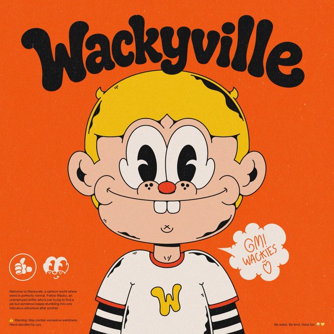 A retro cartoon-style cover for "Wackyville" featuring a cheerful blonde character with large eyes, freckles, and two buck teeth wearing a white shirt with a yellow "W," set against an orange background with a "6,111 Wackies" speech bubble. The playful artwork reflects the whimsical, collectible NFT collection described in the post by showcasing its signature character design.