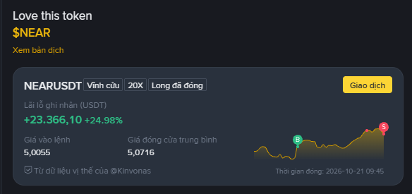 A dark crypto token card promotes “$NEAR” and shows a NEARUSDT “Vĩnh cửu” position with “Lãi lỗ ghi nhận (USDT) +23.366,10 +24,98%.”