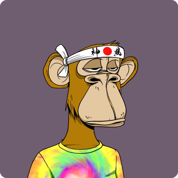 A cartoon illustration of a Bored Ape-style monkey wearing a white headband with a red Japanese sun and the characters 風 and 神, along with a tie-dye shirt.