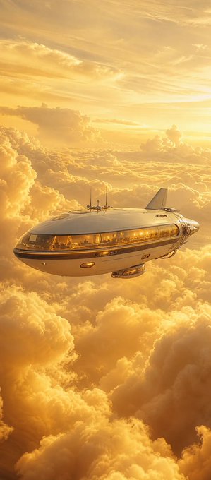 A futuristic zeppelin or airship floating above clouds during a golden sunset.