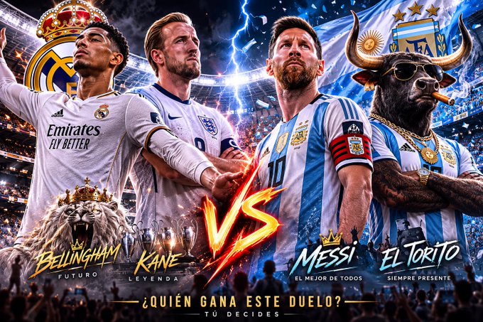 A dramatic face-off graphic features Real Madrid's Jude Bellingham and England's Harry Kane on the left against Argentina's Lionel Messi and a "Torito" bull mascot on the right, with Spanish text labeling them "Futuro," "Leyenda," "El Mejor de Todos," and "Siempre Presente" alongside a large "VS" and the prompt "¿Quién gana este duelo? Tú decides." The image visualizes the post's excited Argentina vs. England matchup commentary, framing the football clash as a monumental showdown comparable to a historic Bitcoin milestone.