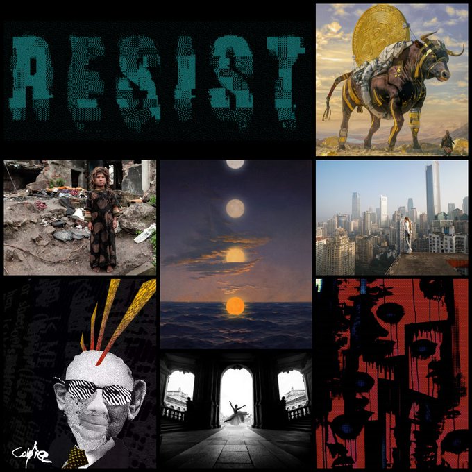 A collage featuring the word 'RESIST' in pixelated green text alongside various images including a child in rubble, sunsets, a bull-headed figure, and abstract art.