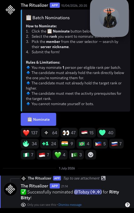 A Discord bot interface for 'The Ritualizer' showing batch nomination instructions, rules, and a successful nomination confirmation for 'Tobzy' for 'Ritty Bitty'.