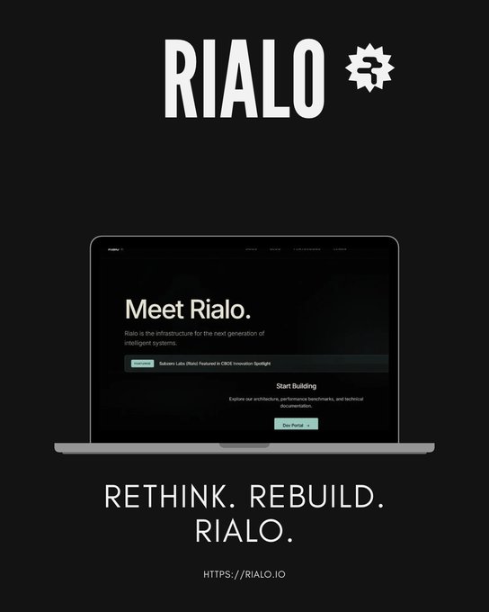 A promotional graphic for RIALO displays 'Meet Rialo.' on a laptop screen, with the tagline 'RETHINK. REBUILD. RIALO.' and the URL HTTPS://RIALD.IO below.