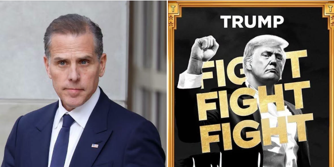 A side-by-side image shows Hunter Biden on the left and a black-and-white poster of Donald Trump on the right with 'TRUMP' and the word 'FIGHT' repeated three times in gold lettering.