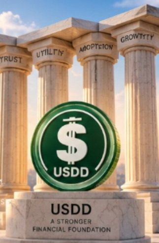 A promotional image for USDD featuring a green coin with a dollar sign in front of classical pillars labeled 'TRUST', 'UTILITY', 'ADOPTION', and 'GROWTH', with the tagline 'USDD - A STRONGER FINANCIAL FOUNDATION'.