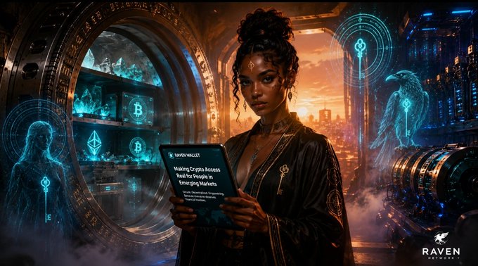 A young woman stands amid a futuristic vault of glowing cryptocurrency symbols, holding a device displaying "Secure Wallet: Making Crypto Access Real for People in Emerging Markets." The image visually bridges the question posed in the post—suggesting that emerging markets, already familiar with mobile finance, are the natural gateway to broader Web3 adoption.