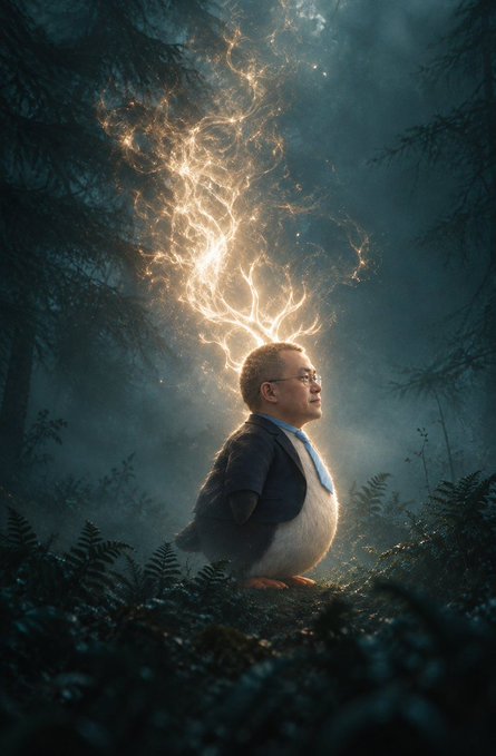 A surreal fantasy image of a man in a suit with an enormous, glowing ethereal mane of light sitting in a misty forest.