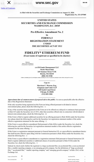 The image shows the cover page of an SEC Form S-3 Registration Statement (Pre-Effective Amendment No. 2) filed on August 11, 2026 for the Fidelity Ethereum Fund (exact name to be specified in its charter), managed by FD Funds Management LLC with Nicole Macabrato as authorized officer, and it relates to the post by being the official SEC filing under which Fidelity is preparing to add staking features to its Ethereum spot ETF (FETH), allowing up to 100% of the fund's ETH holdings to be staked.