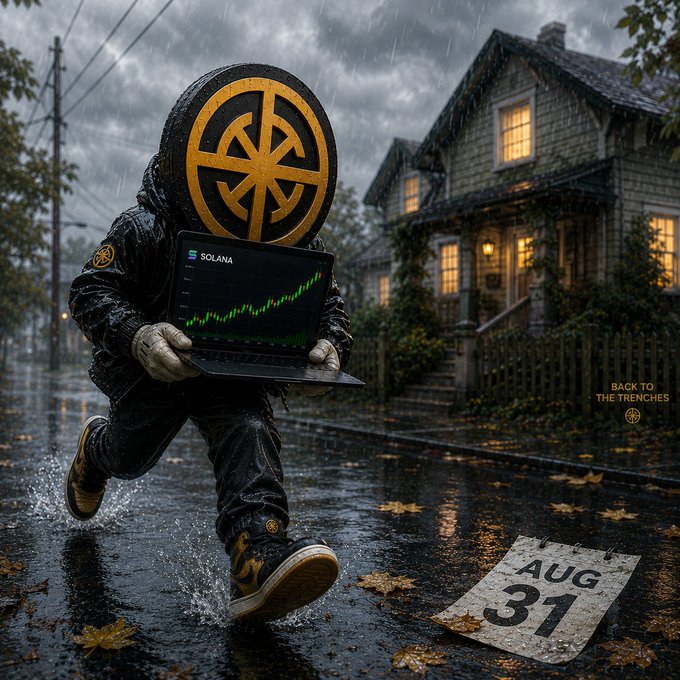 An AI-generated illustration shows a figure in a black hooded jacket with a gold circular symbol for a head, running in the rain holding a laptop displaying a green 'SOLANA' chart, with a calendar showing 'AUG 31' and text 'BACK TO THE TRENCHES' on the wet ground.