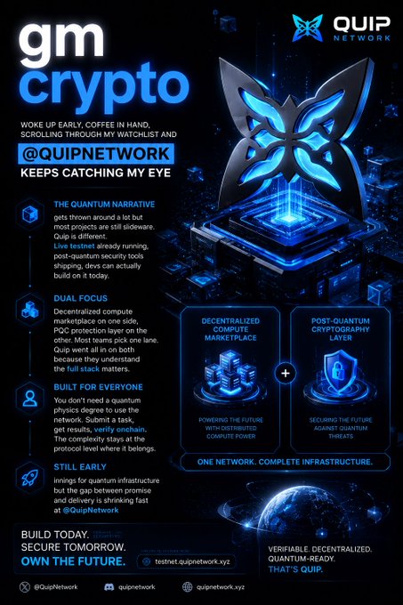 A promotional poster for 'QUIP NETWORK' titled 'gm crypto', detailing their decentralized compute marketplace and post-quantum cryptography layer, directing viewers to their testnet at testnet.quipnetwork.xyz.