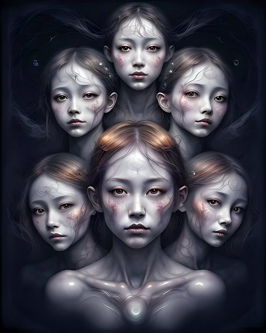 The image features a painting of six women with different hairstyles, which are arranged in two rows against a dark background. The first row has one girl who appears to be looking at something else or someone else as if she's looking through a window into another world. In contrast, the second row consists of three girls staring directly at the viewer without any other objects around them. These paintings and descriptions seem to explore themes of exploration and perception, inviting the viewer to examine what is truly happening in the image.