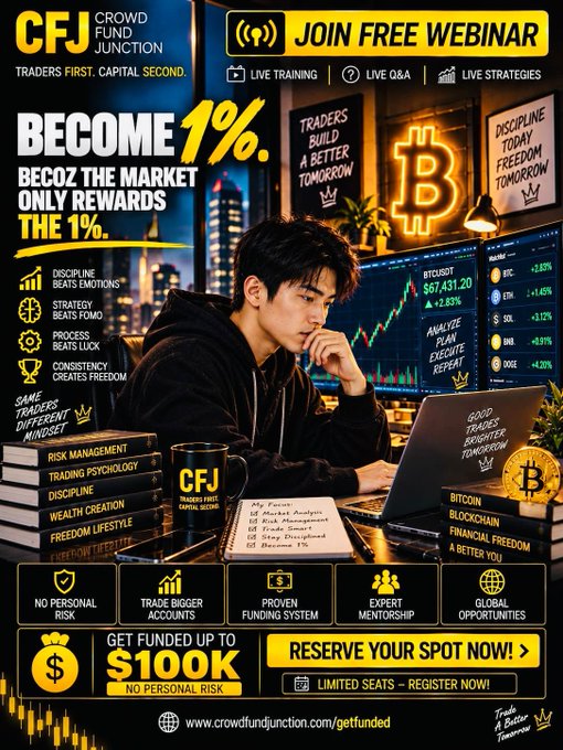 A promotional flyer for 'CFJ CROWD FUND JUNCTION' featuring a young man at a laptop with Bitcoin imagery, the slogan 'BECOME 1%. BECOZ THE MARKET ONLY REWARDS THE 1%.', and 'JOIN FREE WEBINAR' at the top with 'GET FUNDED UP TO $100K' at the bottom.