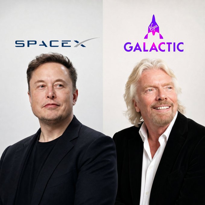 The image features two men standing side by side, both smiling for a photo. One of them has blonde hair, while the other has white hair. They are positioned against a plain background with the words "SpaceX" and "Galactic" displayed above their heads. The caption below the image reads "Know the difference this is $SPCX This is $SPCE".