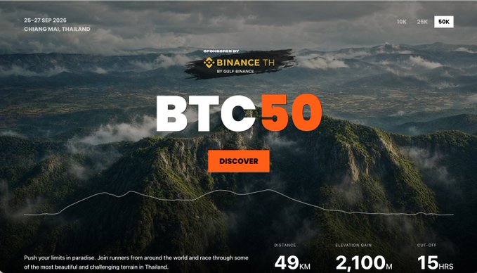 A promotional banner for 'BTC50', an ultramarathon event sponsored by Binance TH taking place 25-27 SEP 2026 in Chiang Mai, Thailand, with a 49KM distance, 2,100M elevation gain, and a 15HRS cut-off.