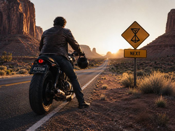 A motorcyclist pauses on a desert highway beside a sign reading "NEXT," with the bike's license plate displaying "RETIUM," symbolizing Retium's deliberate departure from conventional crypto shortcuts in favor of a steady, long-term road ahead.