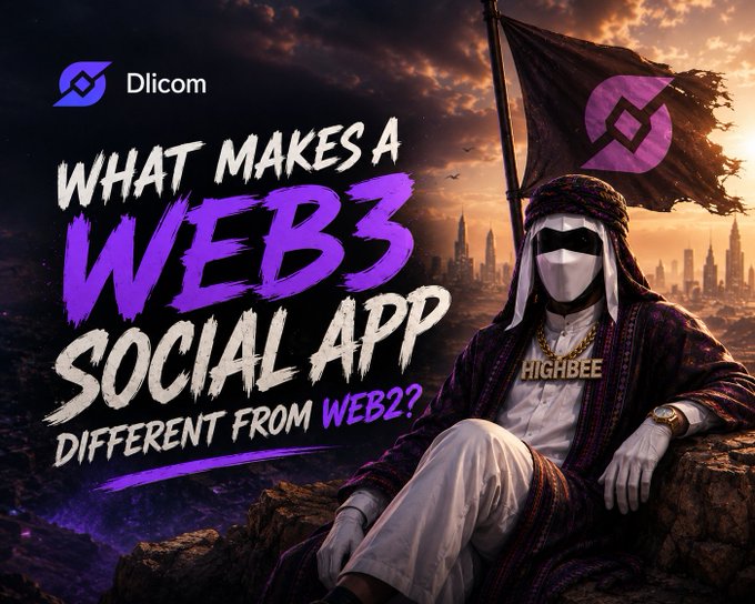 A promotional graphic for 'Dlicom' asking 'WHAT MAKES A WEB3 SOCIAL APP DIFFERENT FROM WEB2?' in bold white and purple brushstroke text, featuring an illustration of a masked figure in traditional Middle Eastern attire with a Dlicom flag against a city skyline at sunset.