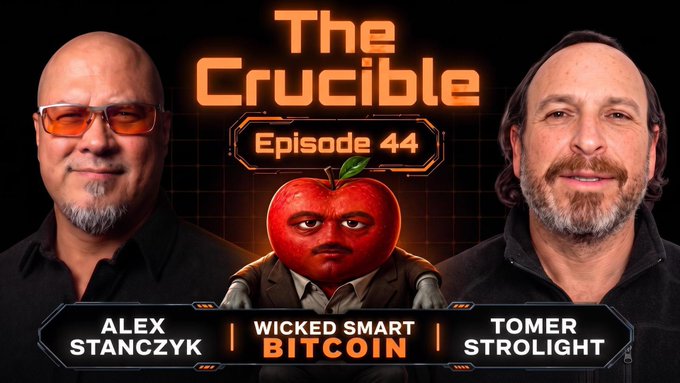 Thumbnail for 'The Crucible Episode 44' featuring hosts Alex Stanczyk and Tomer Strolight with 'Wicked Smart Bitcoin' branding.