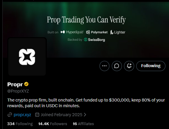 Propr (Proprietary Trading) social media profile describing itself as a verifiable crypto prop firm built onchain with Hyperliquid, Polymarket, and Lighter, backed by SwissBorg, offering funding up to $300,000.