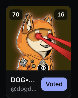 A digital trading card showing an illustrated character in an orange hoodie with dog ears and red laser eyes, displaying the number 70, a vote count of 16, and the name 'DOG...'.