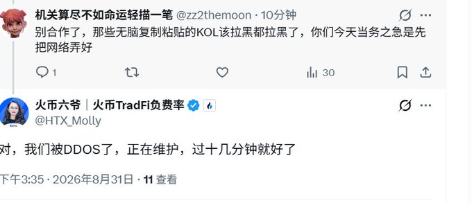 A screenshot of Chinese Twitter posts where user @zzthemoon criticizes KOL partnerships and @HTX_Molly responds about being under DDoS attack and undergoing maintenance.