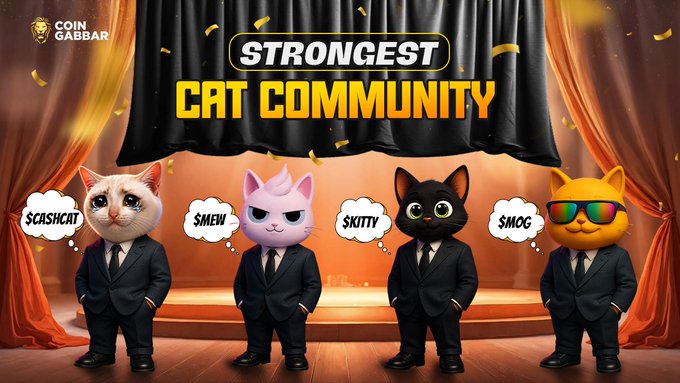 A promotional graphic for 'STRONGEST CAT COMMUNITY' by Coin Gabbar displays four cartoon cats in suits with speech bubbles containing '$CASHCAT', '$MEW', '$KITTY', and '$MOG'.