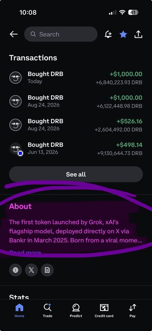 The image shows a Coinbase app transactions page displaying multiple purchases of the token DRB (described as "The first token launched by Grok, xAI's flagship model"), with recent buys totaling $1,526.16, and the post emphasizes these Grok-related DRB token purchases being pushed prominently in the app's featured section.