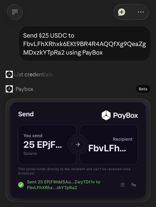 A screenshot of an AI chat interface (likely ChatGPT) shows a user executing a PayBox tool to send 25 USDC to the Solana wallet address FbvLFhXRhxk6EKt9BR4R4AQQfXg9QeaZgMDxzkYTpRa2, with a confirmation message reading "Sent 25 EPjFWdd5Au...ZwyTDt1v to FbvLFhXRhx...zkYTpRa2." This relates to the post by demonstrating the successful PayBox transaction directed at user @Kyle53247705, visually confirming the receipt of the $25 USDC payment.