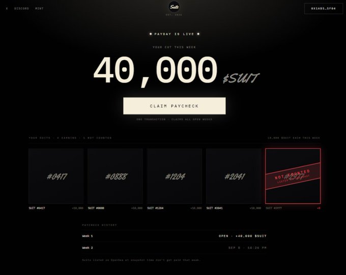 A dark-themed webpage displays "PAYDAY IS LIVE" with a featured payout of "40,000 $SUIT" and a prominent "CLAIM PAYCHECK" button, accompanied by a grid of suit listings (#0417, #0888, #1204, #2041, and one marked "NOT CLAIMED"), reflecting the post's message about rewarding $Suit owners for a week of bidding and sweeping.