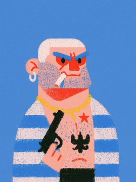 A stylized cartoon illustration of a rugged sailor or tough man with gray hair, a red nose, an earring, a gold chain, a cigarette, and a tattoo, holding a gun against a blue background.