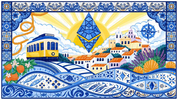 A colorful Portuguese azulejo-style illustration featuring a yellow tram, the Ethereum logo as a sun, a Lisbon coastal cityscape, and decorative blue tile borders.