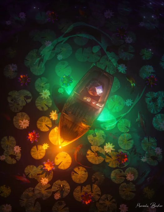 A vibrant digital illustration of a small wooden boat floating on dark water, illuminated by glowing green and orange lights and surrounded by lily pads and flowers, signed 'Muriada Badar' in the corner.