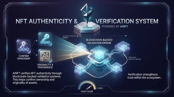 An infographic titled 'NFT AUTHENTICITY & VERIFICATION SYSTEM POWERED BY AINFT' illustrates a blockchain-backed validation engine confirming ownership, originality, and provenance to provide a high trust score.