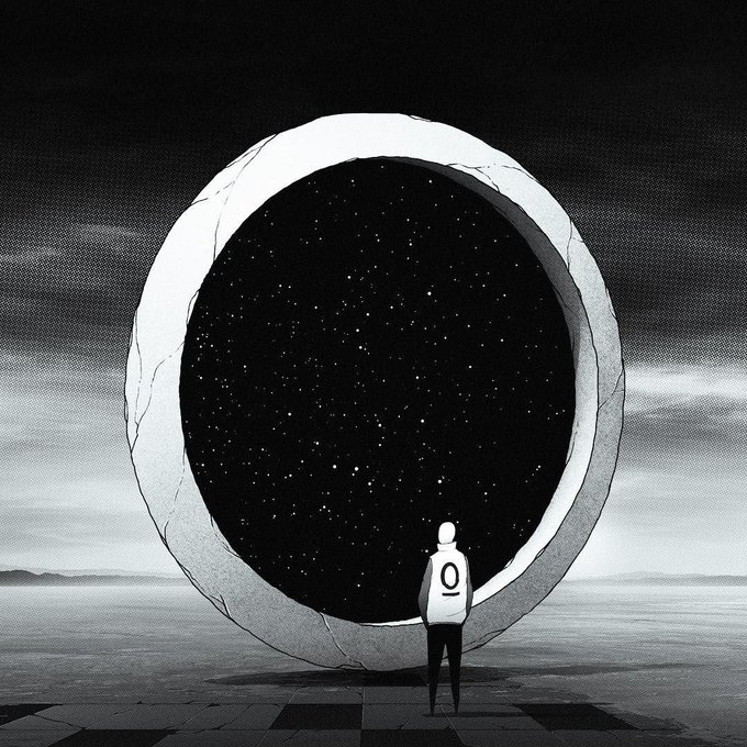 A black-and-white illustration of a hooded figure standing before a large circular stone portal filled with a starry night sky.
