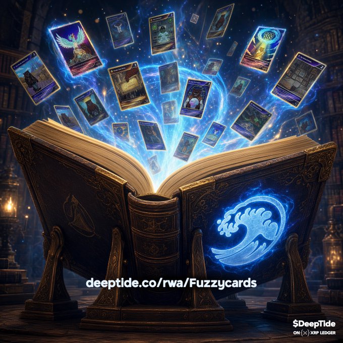 A glowing ancient tome floats open in a dark library, with magical trading cards—including a winged figure and various fantasy characters—spiraling upward in a radiant blue vortex. The book's cover displays a blue wave emblem, while text at the bottom reads "deeptide.co/rwa/Fuzzycards" with the DeepTide logo on the XRP Ledger, visually promoting the mystical trading experience described in the caption.