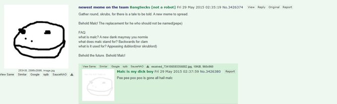 A forum post titled 'newest meme on the team' by user BeanSecks dated Fri 29 May 2015 features a crudely drawn face meme and text about 'Behold Malc' with FAQ entries like 'what is malc? A new dark mascot you nomile' and 'what does malc stand for? Backwards for clam'.