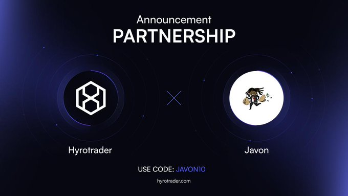 The image is a post from @hyrotrader_com. It features two logos - one for "Hyrotrader" with a white hexagon, and another logo for "Javon" depicted as a cat jumping over a person's head. The text above these images reads "Announce Partnership". The post also includes a caption that states "Great Rising Everyone! I've officially partnered with @hyrotrader_com", highlighting the collaboration between the two logos and their joint announcement of a partnership.