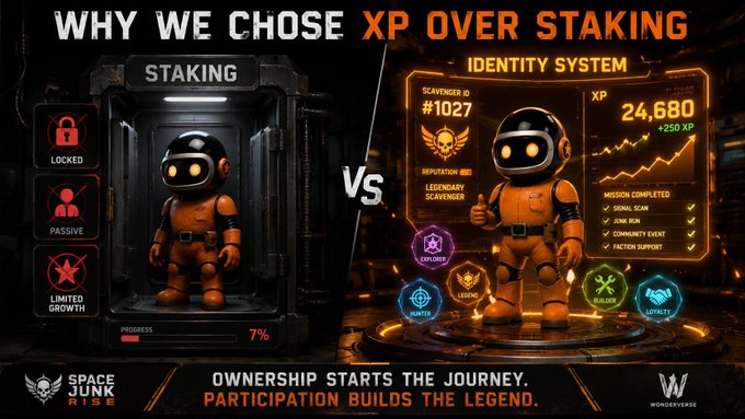 The image shows two robot figures side by side with different descriptions. One figure has a robot suit and helmet, while the other has a robot suit but no helmet. The first figure is labeled "Why we chose xp over staking", indicating that the robot figure represents someone who chose to stake their XP instead of using it for mining. The second figure is labeled "vs", suggesting a comparison between the two figures or situations.