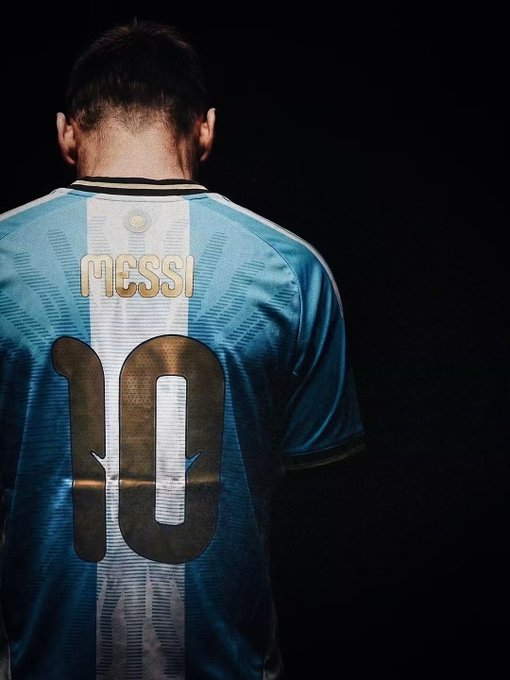 Back view of a person wearing a light blue and white striped Argentina soccer jersey with "MESSI" and the number 10.