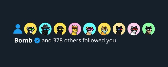 A notification banner displaying "Bomb ✓ and 378 others followed you," featuring a row of pixelated NFT avatars. The image connects to the post's message about engagement, illustrating that the "path to growth" often comes through social follow notifications like this one, encouraging viewers to say hi.