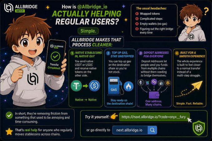 An infographic for 'ALLBRIDGE NEXT' explaining how @Allbridge_io helps users, featuring an anime character and listing benefits like Native Stablecoins In, Native Out, Top Up Gas Stay Unstoppable, Deposit Addresses For Everyone, and Built For A Smooth Experience, with a link to next.allbridge.io.