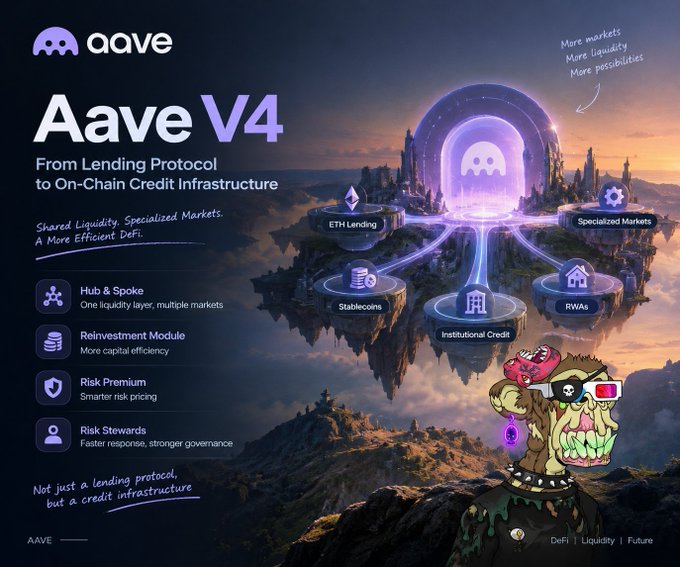 An Aave V4 promotional infographic titled 'From Lending Protocol to On-Chain Credit Infrastructure' featuring features like Hub & Spoke, Reinvestment Module, Risk Premium, and Risk Stewards, alongside floating islands representing ETH Lending, Specialized Markets, Stablecoins, Institutional Credit, and RWAs.