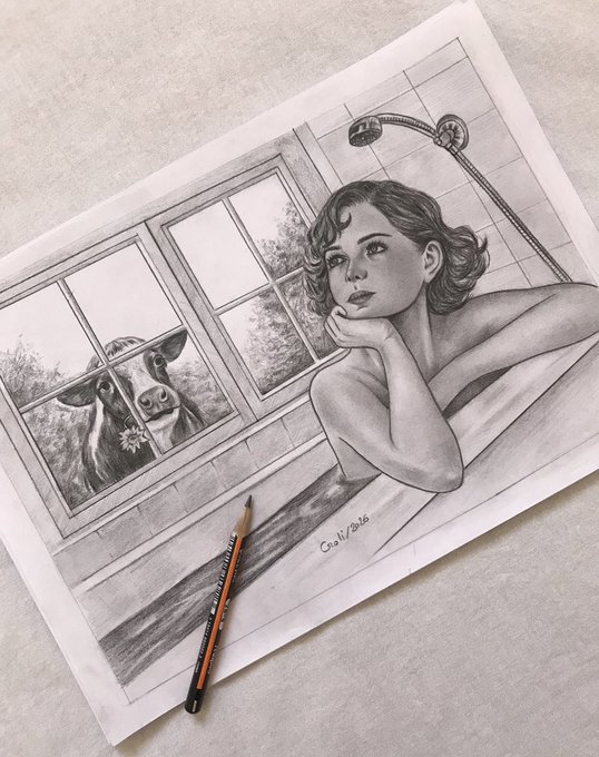 The image features a pencil drawing of a woman laying in a bathtub, with another cow standing next to her through an open window. There are two windows visible in the scene – one above the woman's head and another below the cow. The drawing is a simple line sketch that captures the essence of the scene without any intricate details or shading. It seems to be part of a collection of drawings or artworks, possibly for sale on an online marketplace where "Gn Sweet dreams fam Window 5.99 $xtz objkt.com/tokens/KT1Um6Z".