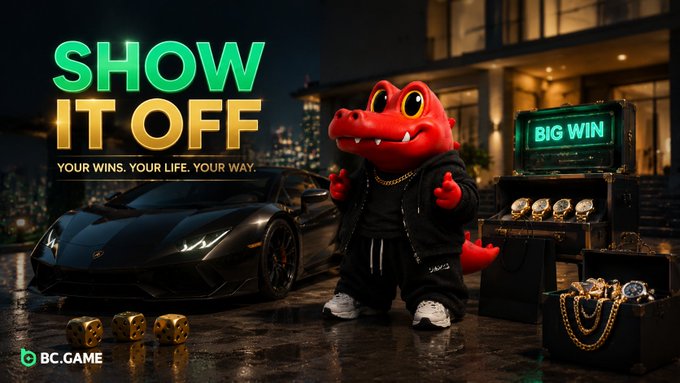 A promotional advertisement for BC.GAME featuring a red crocodile mascot standing between a black sports car and treasure chests, with the text 'SHOW IT OFF - YOUR WINS. YOUR LIFE. YOUR WAY.'
