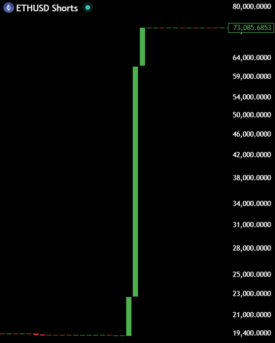 A candlestick chart titled "ETHUSD Shorts" shows a dramatic vertical spike, with ETH short positions rocketing from around $19,400 to $73,085.69, illustrating the sudden surge in shorting activity referenced in the post about fueling a potential short squeeze.