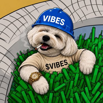 A cartoon white dog wearing a blue 'VIBES' cap and a '$VIBES' t-shirt lounges in green grass with a gold watch and a cigarette.