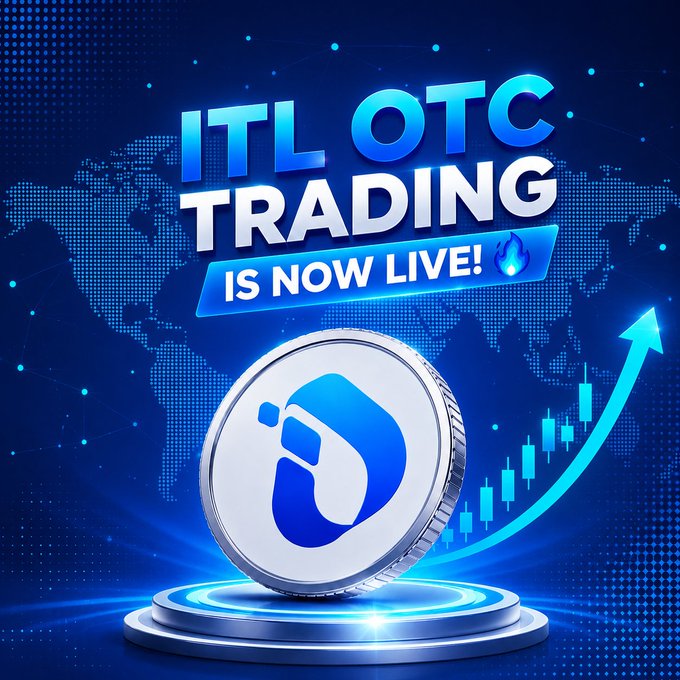 The image is a promotional graphic announcing "ITL OTC TRADING IS NOW LIVE!" featuring a large silver and blue InterLink ($ITL) coin displayed on a glowing pedestal, set against a blue digital world map background with an upward-trending candlestick chart and a rising arrow symbolizing bullish market momentum. The bold "IS NOW LIVE!" banner with a fire emoji visually reinforces the post's call to action, inviting the community to vote on their ideal OTC price target for $ITL.