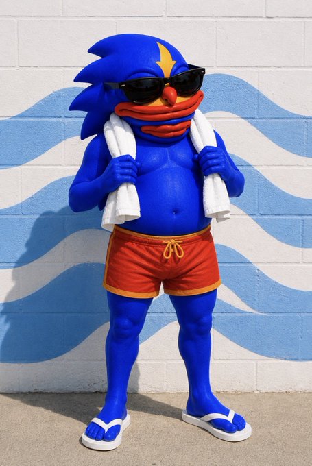 A blue, anthropomorphic bird-like character wearing sunglasses, red swim trunks, and flip-flops while holding a white towel over its shoulders.