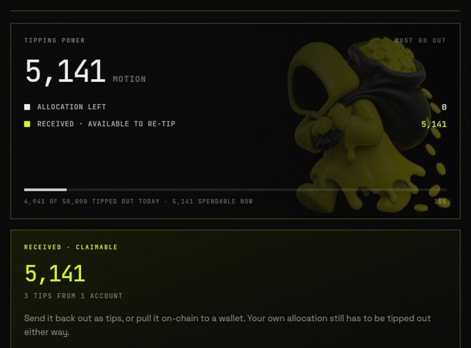 A crypto tipping dashboard showing 'TIPPING POWER 5,141 MOTION' with received/claimable amounts of 5,141 from 3 tips, accompanied by a golden illustrated character pouring coins.