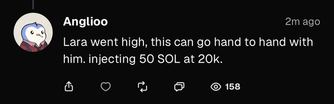 The image shows a social media comment from user "Anglioo" posted 2 minutes ago, which reads: "Lara went high, this can go hand to hand with him.injecting 50 SOL at 20k." The comment has 158 views and references a 50 SOL injection at 20k, connecting to the accompanying post's reaction about the same action.